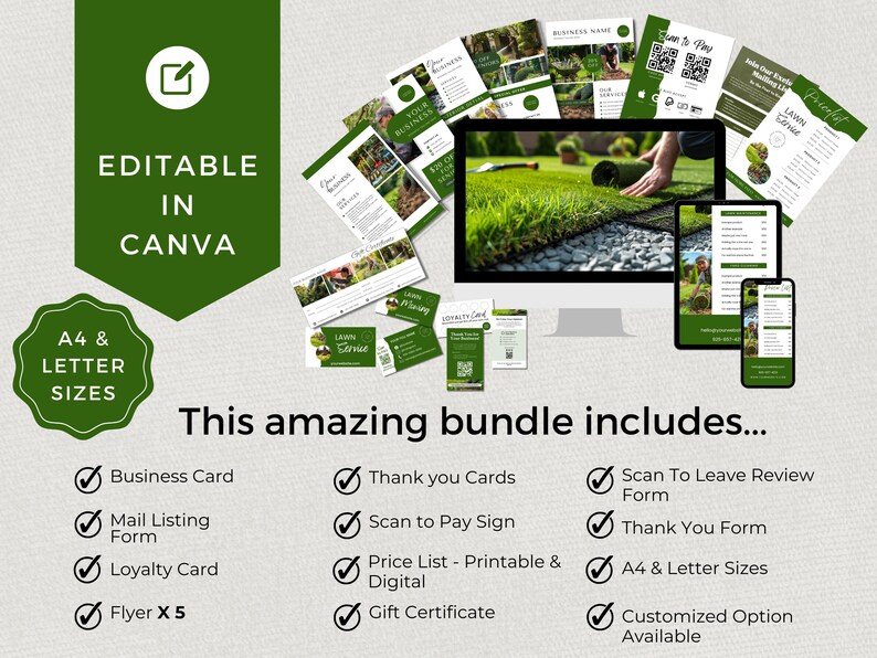 May include: A green and white digital marketing bundle for lawn care businesses. The bundle includes a business card, mail listing form, loyalty card, flyer, thank you cards, scan to pay sign, price list, gift certificate, scan to leave review form, and thank you form. All templates are editable in Canva and available in A4 and letter sizes.