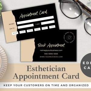 Modelo de cartão de consulta de esteticista editável | Editar no Canva | Download instantâneo | Lembrete do cliente do salão de cuidados com a pele | Bege e Branco