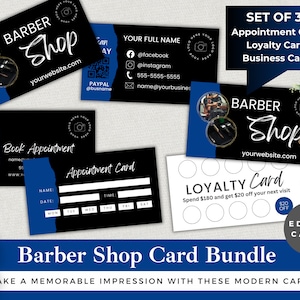 Barber Shop Card Template Bundle | Edit in Canva | Instant Download | Business, Loyalty and Appointment Cards | Black & Blue Design
