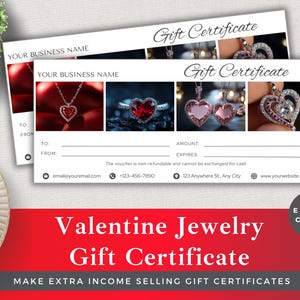 Plantilla de certificado de regalo de joyería editable en Canva / Vale personalizable para San Valentín / Diseño romántico para negocios de joyería / Agregar marca propia