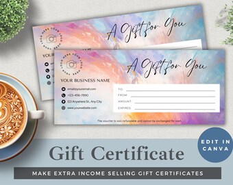 Op de afbeelding: Een kleurrijke cadeaubon-sjabloon met een aquarel achtergrond. De tekst "A Gift for You" is geschreven in cursief. De sjabloon bevat velden voor "Aan", "Van", "Bedrag" en "Verloopdatum".