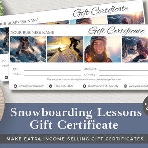 Editable Gift Certificate for Snowboarding Lessons | Canva Template | Instant Download | Luxury Shop Customer Gift Voucher | Snowboarder