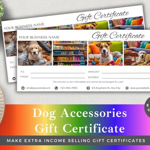 Certificado de regalo de accesorios para perros editable / Plantilla Canva / Descarga instantánea / Vale personalizable para amantes de los perros / Agregue su propia marca