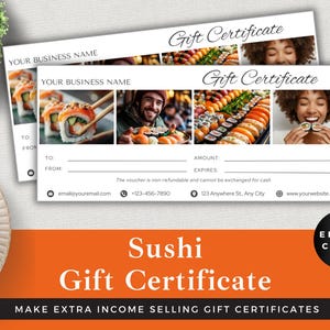 Editable Sushi Gift Certificate | Canva Template | Instant Download | Sushi Voucher for Restaurants and Classes
