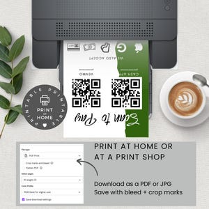 May include: A printable business card template with a green background and a white text overlay. The text reads "Scan to Pay" and includes QR codes for Venmo and Cash App. The card also states "Print at home or at a print shop. Download as a PDF or JPG. Save with bleed + crop marks."