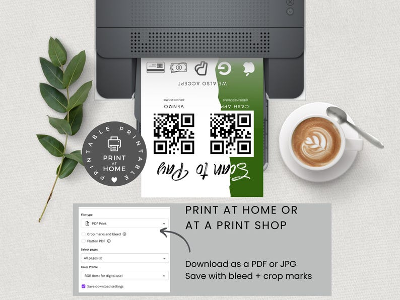 May include: A printable business card template with a green background and a white text overlay. The text reads "Scan to Pay" and includes QR codes for Venmo and Cash App. The card also states "Print at home or at a print shop. Download as a PDF or JPG. Save with bleed + crop marks."