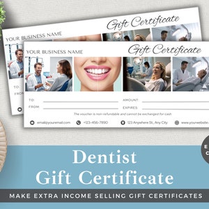 Certificado de regalo editable para dentista / Editar plantilla en Canva / Descarga instantánea / Vale de cliente de lujo para pequeñas empresas / Vale dental