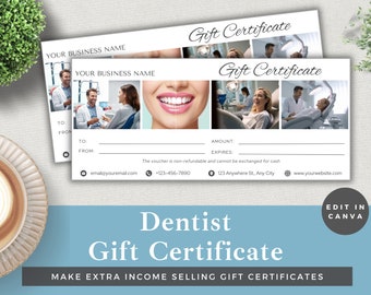 Plantilla editable de certificado de regalo para dentista: Cupón de lujo para clientes (Canva, descarga instantánea)