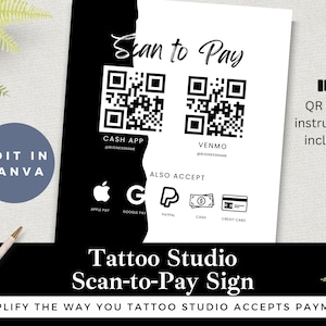 Tattoo Studio Scan-to-Pay-bord: bewerkbare QR-codesjabloon (digitale download)
