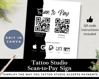 Editable Scan-to-Pay Sign for Tattoo Studio| Edit in Canva | Instant Download | Luxury Tattoo Studio Template | Black White | Printable Sign