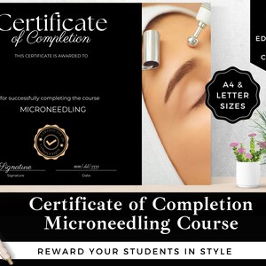 Certificado de Conclusão de Microagulhamento Editável | Modelo de Certificado de Curso de Estética | Canva | Download Instantâneo | Tamanho A4 e Carta EUA