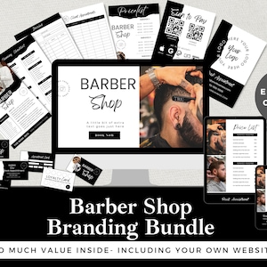 May include: A branding bundle for a barber shop, featuring a website mockup, price list, appointment cards, loyalty cards, and business cards. The design is black and white with a modern, minimalist aesthetic. The text on the website mockup reads "Barber Shop" and "Book Now".