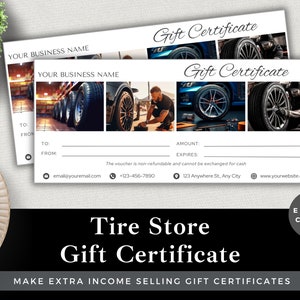 Certificado de regalo editable Tienda de neumáticos / Editar plantilla en Canva / Descarga instantánea / Vale de cliente de lujo para pequeñas empresas / Cupón de tienda de neumáticos