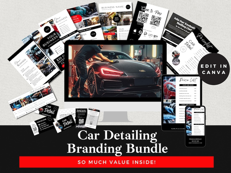 Complete marketing bundle for car detailing businesses, including editable designs for price lists, gift certificates, loyalty cards, and promotional flyers. The bundle is displayed with a luxury vehicle, ideal for mobile and auto spa services