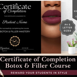 Botox und Filler Kurs Abschluss Zertifikat | Bearbeitbare Vorlage | Leinwand | Sofortdownload | Botox Erfolg | Anpassen mit Ihrer Marke