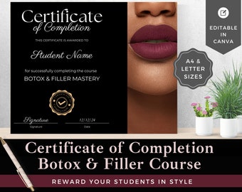 Botox Filler Course Completion Certificate Template: Editable Canva (Instant Download)