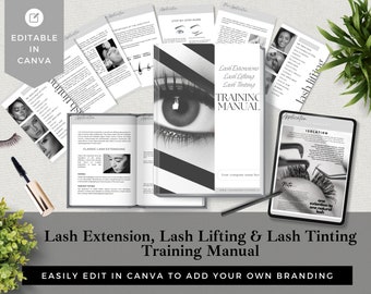Lash Extensions Lash Lifting and Tinting Training Manual | Lashes Guide | Training Template | Fully Editable in Canva | Black & White Design