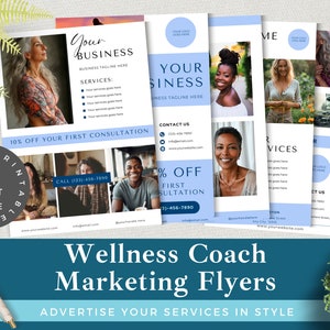 Flyer-sjablonen voor welzijnscoach | 5 aanpasbare Canva-ontwerpen | Instant Branding Kit voor gezondheidscoaching | Voeg gewoon uw eigen merk toe