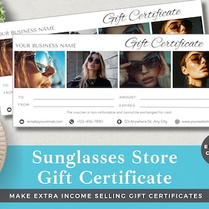 Certificado de regalo editable para tienda de gafas de sol / Plantilla Canva / Descarga instantánea / Vale de regalo para clientes de tienda de lujo / Gafas de sol