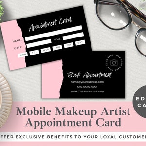 Appointment Card Mobile Makeup Artist | Editable Template | Edit in Canva | Instant Download | Mobile Makeup Salon Reminder | Black and Pink