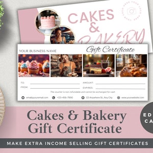 Certificado de regalo editable para pastelería y panadería / Plantilla Canva / Descarga instantánea / Vale de regalo para cliente de lujo / Diseño blanco rosa