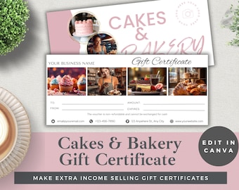 May include: A pink and white gift certificate template for a bakery called "Cakes & Bakery". The template features a pink background with white text and images of cakes, pastries, and a baker. The text includes the business name, contact information, and the phrase "Make extra income selling gift certificates".
