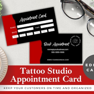 Tattoo Studio Appointment Card Template Editable | Edit in Canva | Instant Download | Tattoo Shop Customer Reminder | Red and White Design