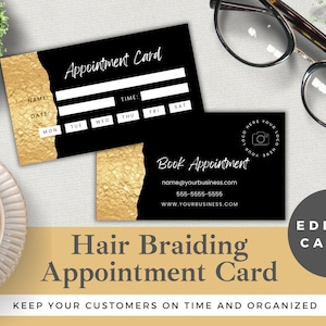 Modelo de cartão de nomeação de trança de cabelo editável | Editar no Canva | Download instantâneo | Lembrete do cliente de trança de cabelo | Design Dourado e Preto