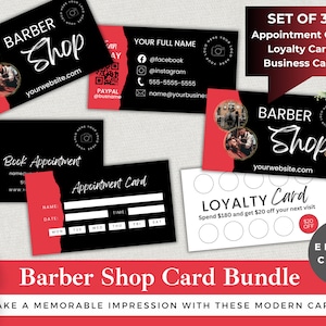 Barber Shop Card Template Bundle | Edit in Canva | Instant Download | Business, Loyalty and Appointment Cards | Black & Red Design