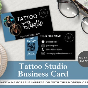 Tattoo Studio Visitenkarte Vorlage: Blau & Schwarz (Bearbeiten in Canva, Sofort-Download)