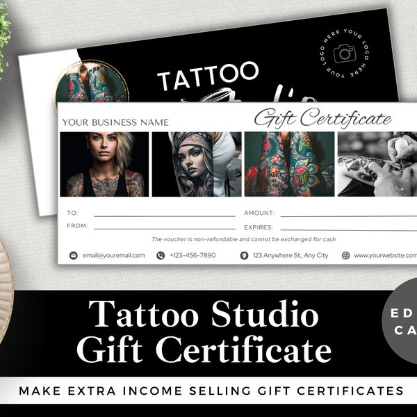 Editable Gift Certificate for Tattoo Studio | Canva Template | Instant Download | Luxury Tattoo Shop Customer Gift Voucher | Black & White