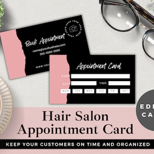 Modello modificabile per biglietto per appuntamento per parrucchiere / Modifica in Canva / Download istantaneo / Scheda promemoria cliente salone / Design rosa e nero