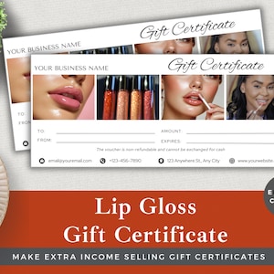 Editable Lip Gloss Gift Certificate | Canva Template | Instant Download | Beauty Voucher for Salons & Makeup Artists | Add Branding