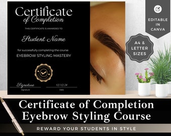 Plantilla de certificado de curso de diseño de cejas: editable en Canva (descarga instantánea)