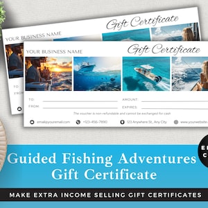 Certificat d'aventure de pêche guidée modifiable | Modèle Canva pour sorties de pêche | Bon de téléchargement immédiat pour les propriétaires de petites entreprises