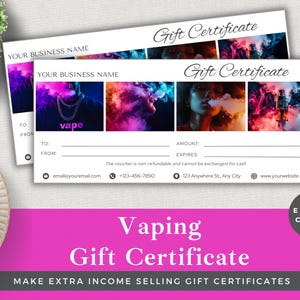Plantilla de certificado de regalo para vapeo / Diseño editable en Canva / Vale para tienda de tabaco / Descarga digital instantánea / Agregue su propia marca