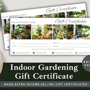 Certificado de regalo de jardinería de interior editable / Plantilla Canva / Descarga instantánea / Regalo de jardinería ecológico único / Vale personalizable