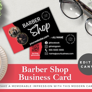 Barber Shop Business Card Template Editable | Edit in Canva | Instant Download | Luxury Barber Shop DIY Cards | Black & Red