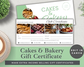 May include: A green and white gift certificate template for a bakery called "Cakes & Bakery". The template features images of pastries, bread, and a woman in a bakery. The text "Make extra income selling gift certificates" is at the bottom of the template.