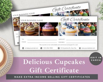 May include: A white gift certificate template with a pink background. The template features a photo collage of colorful cupcakes and the text "Delicious Cupcakes Gift Certificate". The text "Make Extra Income Selling Gift Certificates" is at the bottom of the template.