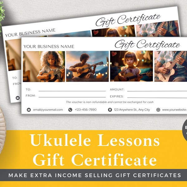 Editable Gift Certificate Ukulele Lessons | Edit Template in Canva | Instant Download | Luxury Small Business Customer Voucher | Music Class