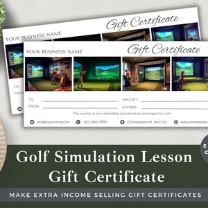 Puede incluir: Plantilla de certificado de regalo blanco con fondo verde. El certificado es para una lección de simulación de golf. La plantilla incluye espacio para el nombre del negocio, para, de, cantidad y caduca. La plantilla también incluye un número de teléfono, una dirección de correo electrónico y una dirección de sitio web.