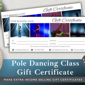 Può includere: Un modello di buono regalo bianco per un corso di pole dance. Il modello presenta un design con immagini di ballerine di pole in varie pose. Il testo "Pole Dancing Class Gift Certificate" è stampato in grassetto, con lettere nere nella parte inferiore del modello. Il testo "Make Extra Income Selling Gift Certificates" è stampato in lettere nere sotto il titolo del buono regalo.