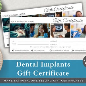 Certificado de regalo de implantes dentales editable / Plantilla Canva / Descarga instantánea / Vale dental de lujo / Agregue su propia marca