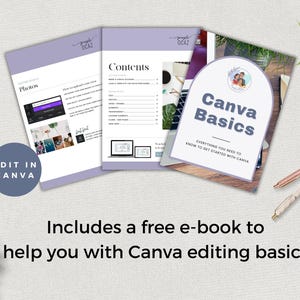 May include: A purple and white Canva Basics e-book with a photo of a family on the cover. The text "Everything you need to know to get started with Canva" is on the cover. The e-book is on a white surface with two pens and a green plant.