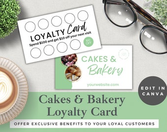 Cakes & Bakery Loyalty Card Template: Green and White Design (Edit in Canva)