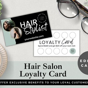 Editable Hair Stylist Loyalty Card Template | Beauty Salon Customer Cards | Edit in Canva | Instant Download | Sage Green & Black Design