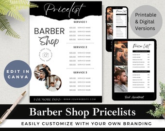 May include: A printable and digital price list template for a barber shop. The template features a black and white design with a handwritten price list title. The template includes a section for services with a price and service name for each. The template also includes a section for booking appointments. The template is customizable with your own branding.