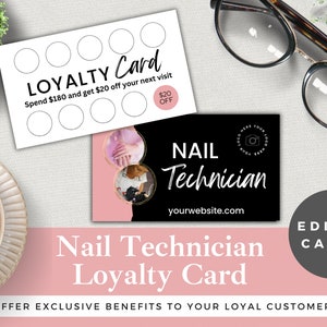 Nail Technician Loyalty Card Template Editable | Instant Download | Edit in Canva | Nail Technician Customer Rewards Card | Pink & Black