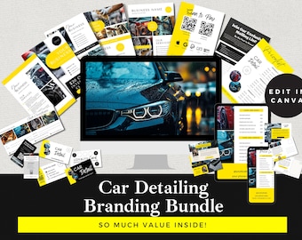 Può includere: Un pacchetto di branding di marketing digitale per le aziende di detailing auto. Il pacchetto include una varietà di modelli, come biglietti da visita, post sui social media e volantini. I modelli sono progettati in uno schema di colori nero e giallo con un aspetto moderno e professionale. Il testo "Car Detailing Branding Bundle" e "SO MUCH VALUE INSIDE!" è visualizzato in uno striscione giallo nella parte inferiore dell'immagine. Il testo "EDIT IN CANVA" è visualizzato in un cerchio nero con un contorno bianco.
